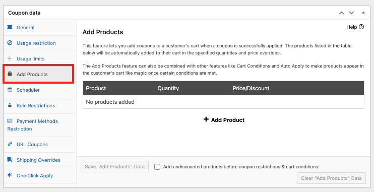 Add Products tab in Advanced Coupons 